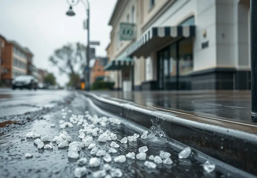 Pedras de granizo na rua molhada depois do temporal